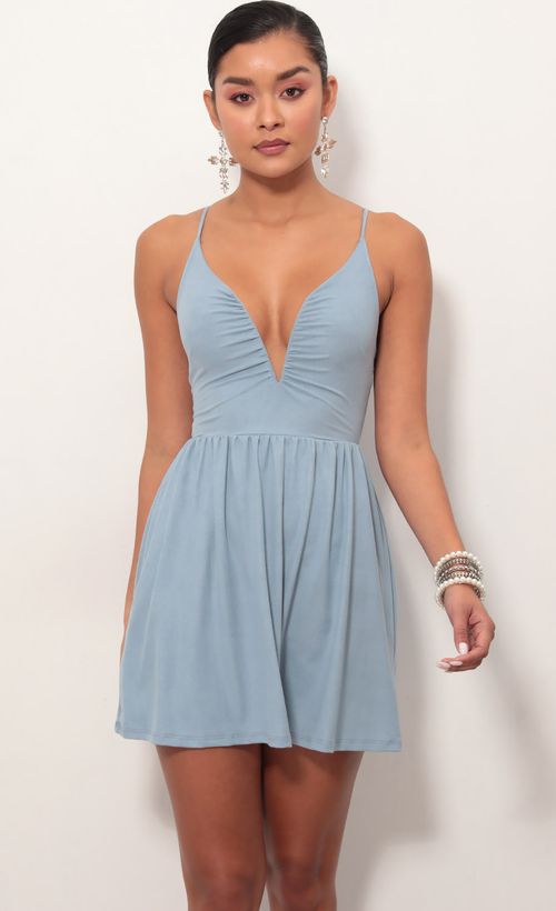 Picture Low V Suede Plunge Dress In Blue. Source: https://media.lucyinthesky.com/data/Mar19_2/500xAUTO/781A7530S.JPG