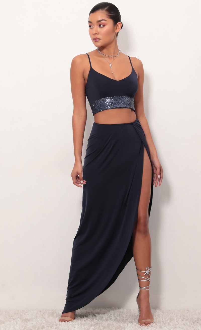 Picture City Lights Sequin Maxi Set in Navy. Source: https://media.lucyinthesky.com/data/Mar19_2/800xAUTO/781A6841.JPG