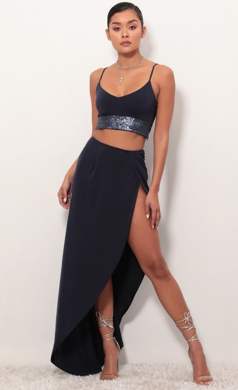 Picture City Lights Sequin Maxi Set in Navy. Source: https://media.lucyinthesky.com/data/Mar19_2/800xAUTO/781A6843.JPG