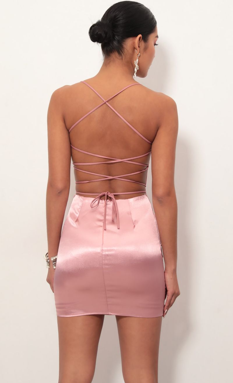 Picture Lulu Satin Lace-up Dress in Mauve. Source: https://media.lucyinthesky.com/data/Mar19_2/800xAUTO/781A7635.JPG