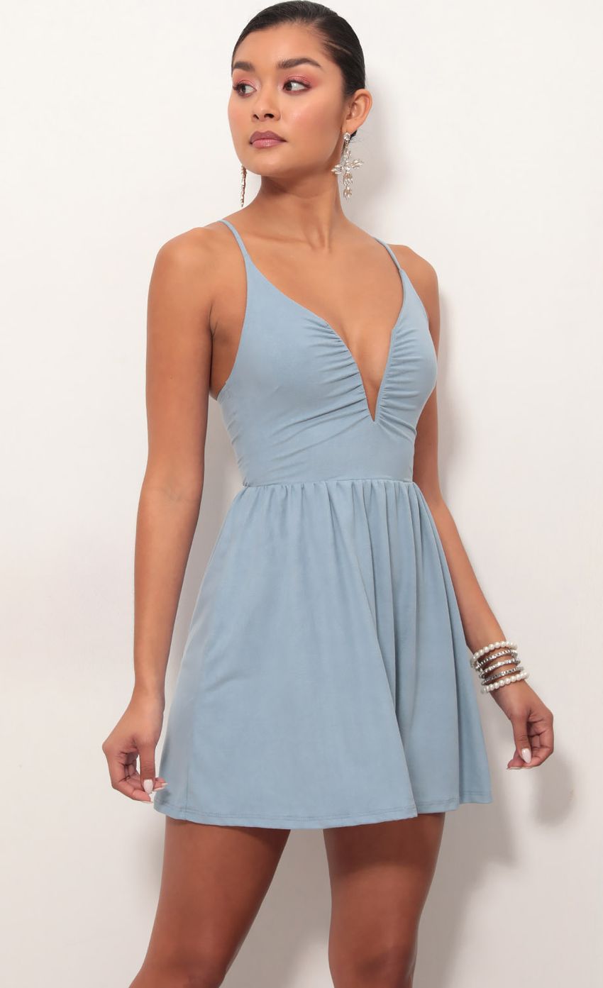 Picture Low V Suede Plunge Dress In Blue. Source: https://media.lucyinthesky.com/data/Mar19_2/850xAUTO/781A7537S.JPG