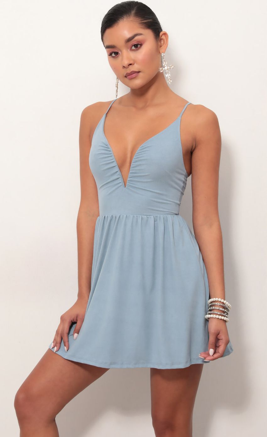 Picture Low V Suede Plunge Dress In Blue. Source: https://media.lucyinthesky.com/data/Mar19_2/850xAUTO/781A7541.JPG