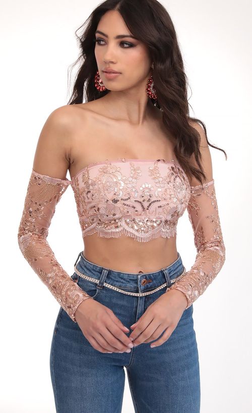 Picture Valentina Gold Sequin Lace Top in Mauve. Source: https://media.lucyinthesky.com/data/Mar20_1/500xAUTO/781A2289.JPG
