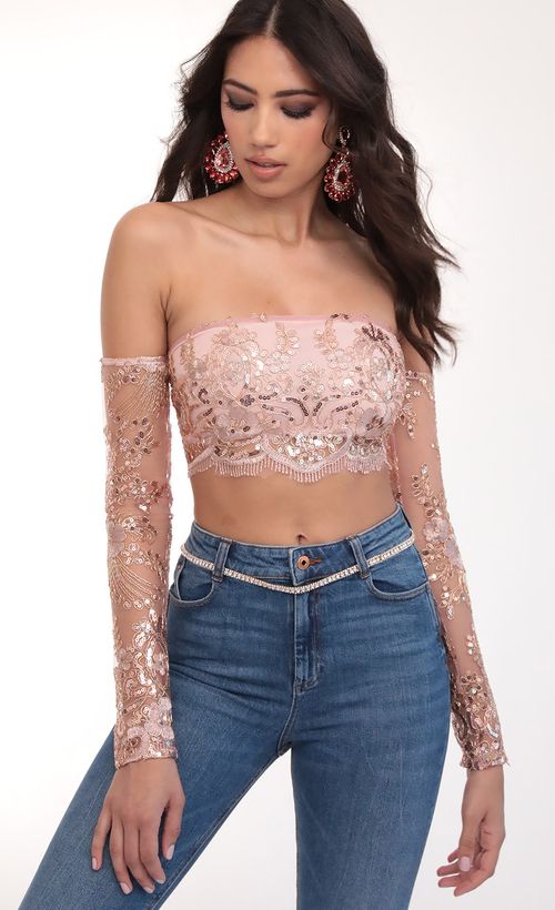 Picture Valentina Gold Sequin Lace Top in Mauve. Source: https://media.lucyinthesky.com/data/Mar20_1/500xAUTO/781A2312.JPG