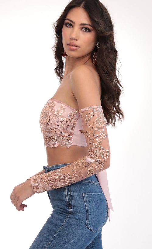 Picture Valentina Gold Sequin Lace Top in Mauve. Source: https://media.lucyinthesky.com/data/Mar20_1/500xAUTO/781A2337.JPG
