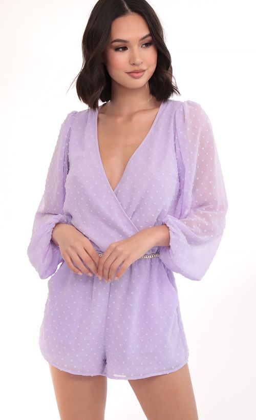 Picture Gia Balloon Sleeve Romper in Lilac Dots. Source: https://media.lucyinthesky.com/data/Mar20_1/500xAUTO/781A9004.JPG