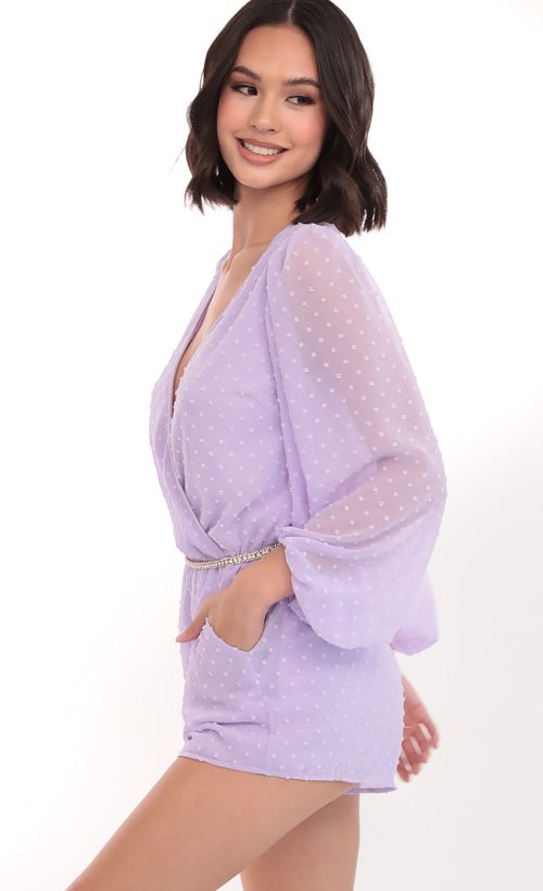 Picture Gia Balloon Sleeve Romper in Lilac Dots. Source: https://media.lucyinthesky.com/data/Mar20_1/500xAUTO/781A9017.JPG