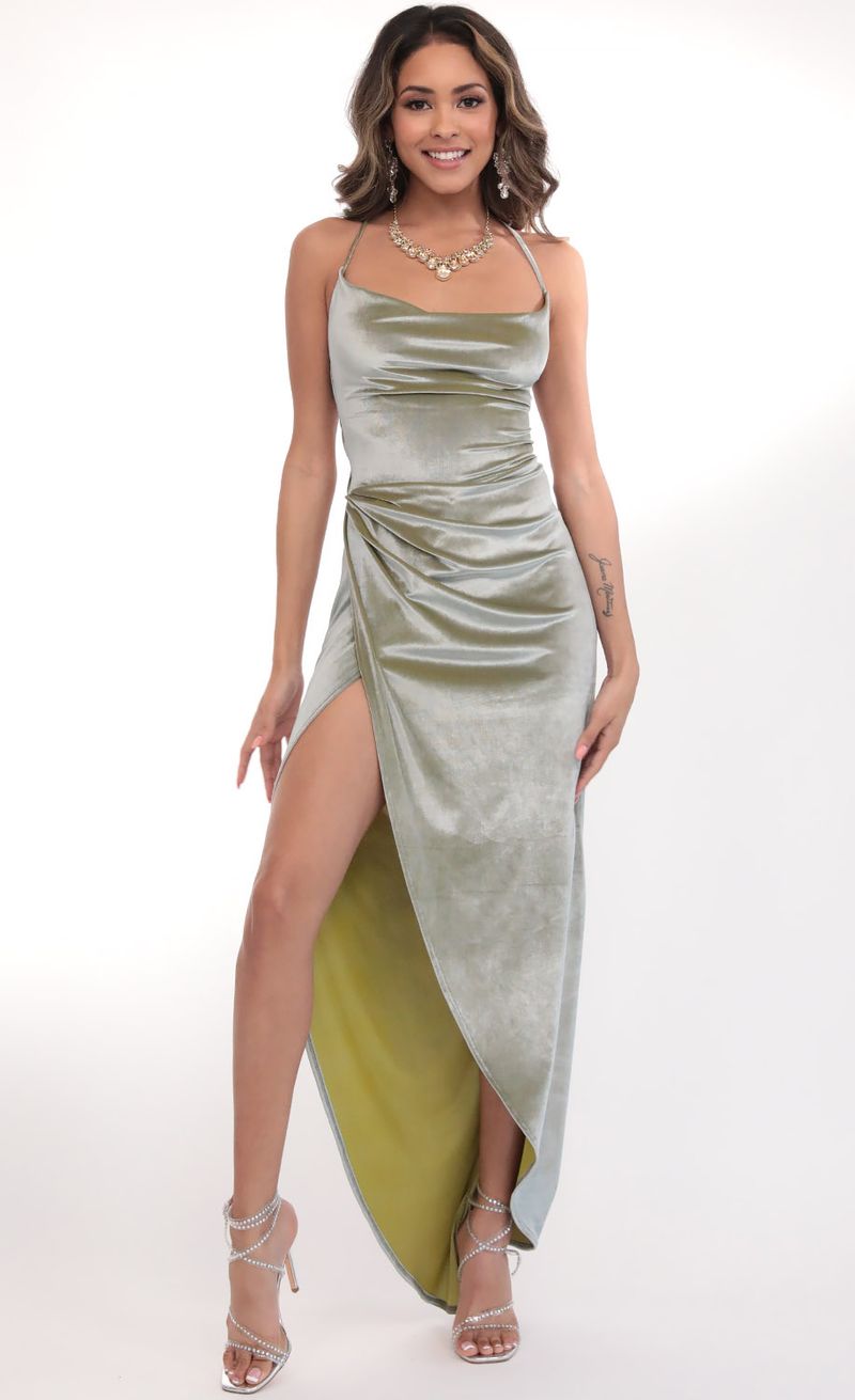 Picture Lovely Velvet Luxe Maxi Dress in Green. Source: https://media.lucyinthesky.com/data/Mar20_1/800xAUTO/781A4878.JPG