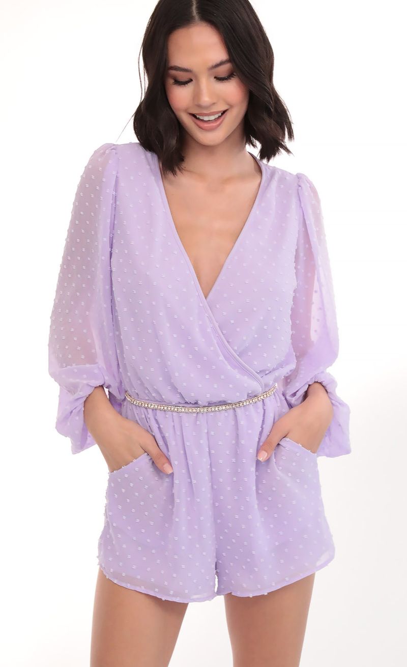 Picture Gia Balloon Sleeve Romper in Lilac Dots. Source: https://media.lucyinthesky.com/data/Mar20_1/800xAUTO/781A8987.JPG