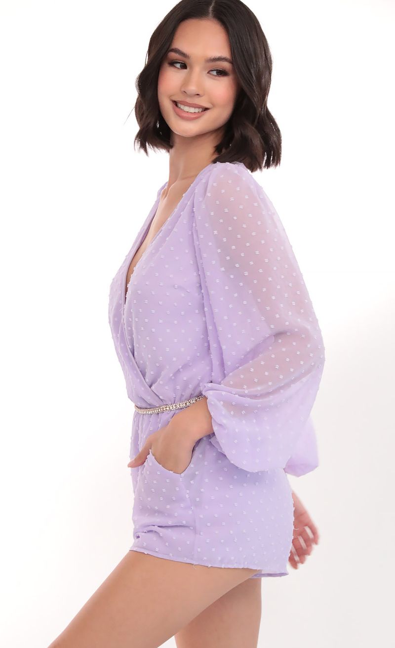 Picture Gia Balloon Sleeve Romper in Lilac Dots. Source: https://media.lucyinthesky.com/data/Mar20_1/800xAUTO/781A9017.JPG