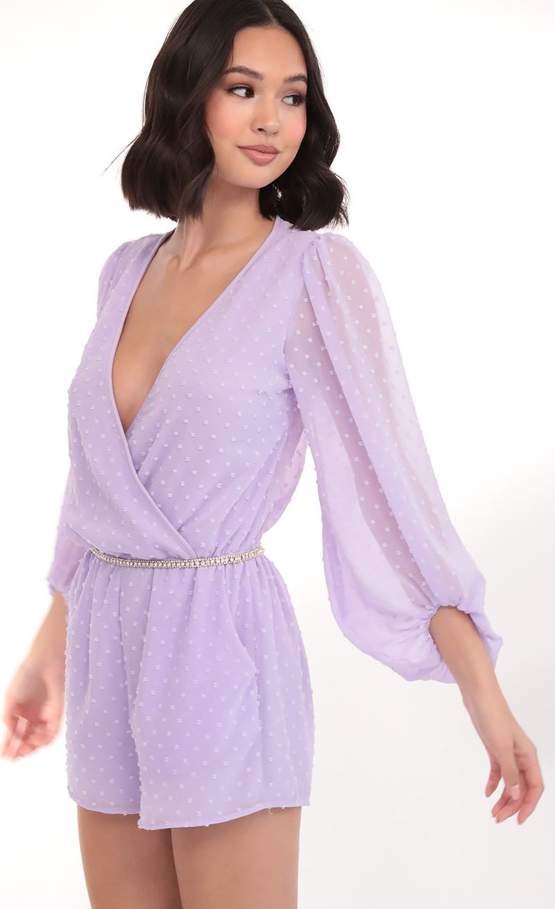 Picture Gia Balloon Sleeve Romper in Lilac Dots. Source: https://media.lucyinthesky.com/data/Mar20_1/800xAUTO/781A9033.JPG