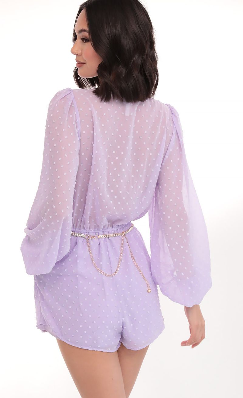 Picture Gia Balloon Sleeve Romper in Lilac Dots. Source: https://media.lucyinthesky.com/data/Mar20_1/800xAUTO/781A9059.JPG