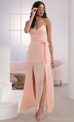 Picture Milan Satin Tie Maxi in Peach. Source: https://media.lucyinthesky.com/data/Mar20_2/150xAUTO/781A5147.JPG