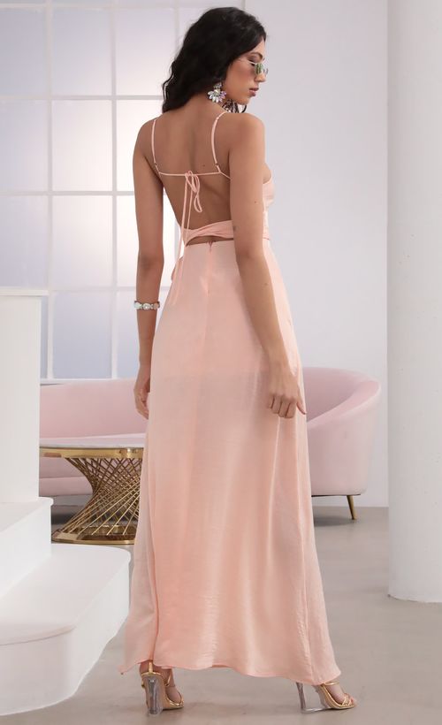 Picture Milan Satin Tie Maxi in Peach. Source: https://media.lucyinthesky.com/data/Mar20_2/500xAUTO/781A5196.JPG