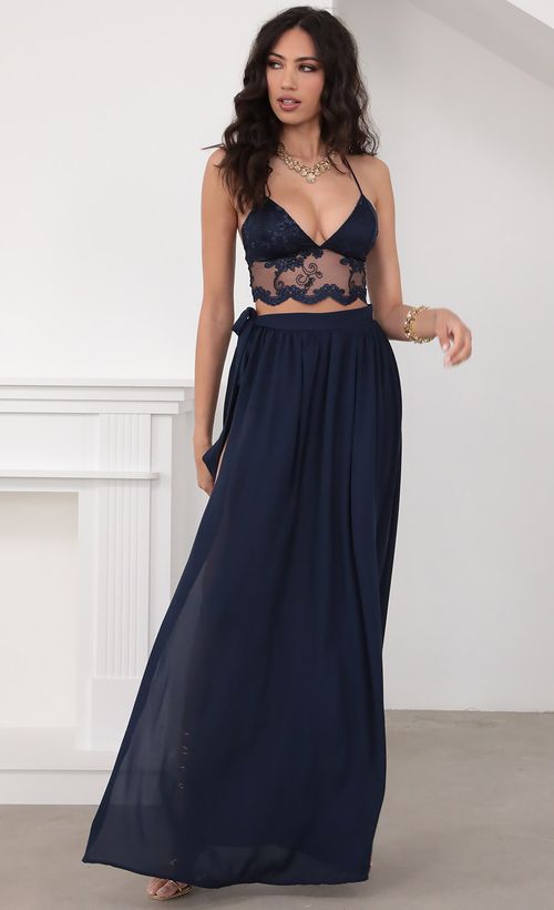 Picture Tahiti Lace Chiffon Maxi Set in Navy. Source: https://media.lucyinthesky.com/data/Mar20_2/500xAUTO/781A5838.JPG