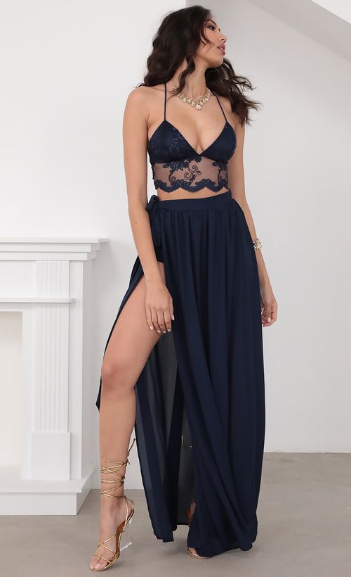 Picture Tahiti Lace Chiffon Maxi Set in Navy. Source: https://media.lucyinthesky.com/data/Mar20_2/500xAUTO/781A5863.JPG