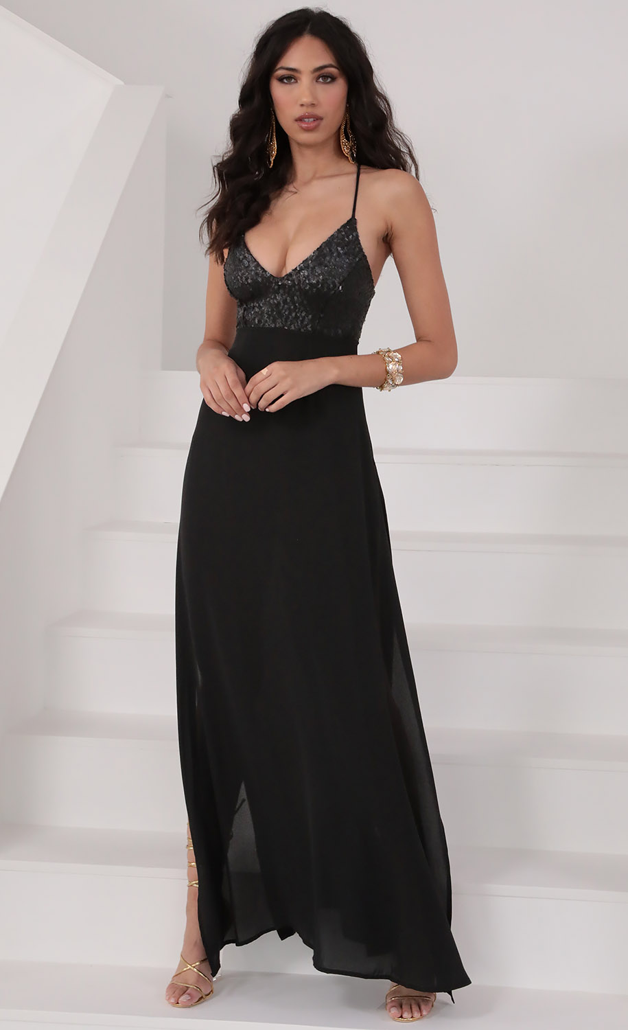 Party dresses > Kaylen Sequin Lace Maxi Dress in Black