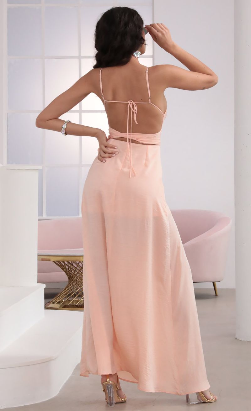 Picture Milan Satin Tie Maxi in Peach. Source: https://media.lucyinthesky.com/data/Mar20_2/800xAUTO/781A5214.JPG