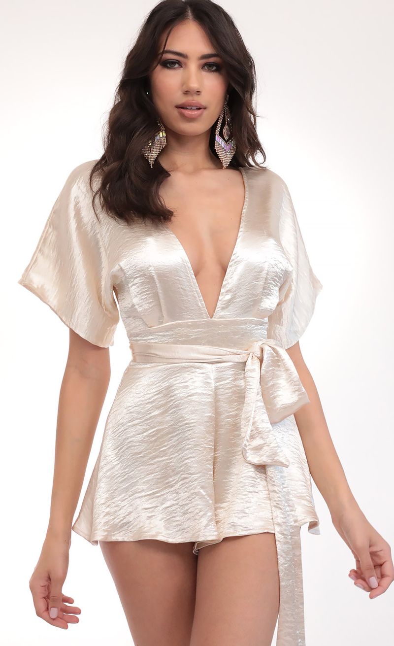 Picture Feeling The Night Satin Romper in Creme Brulee. Source: https://media.lucyinthesky.com/data/Mar20_2/800xAUTO/781A5524.JPG