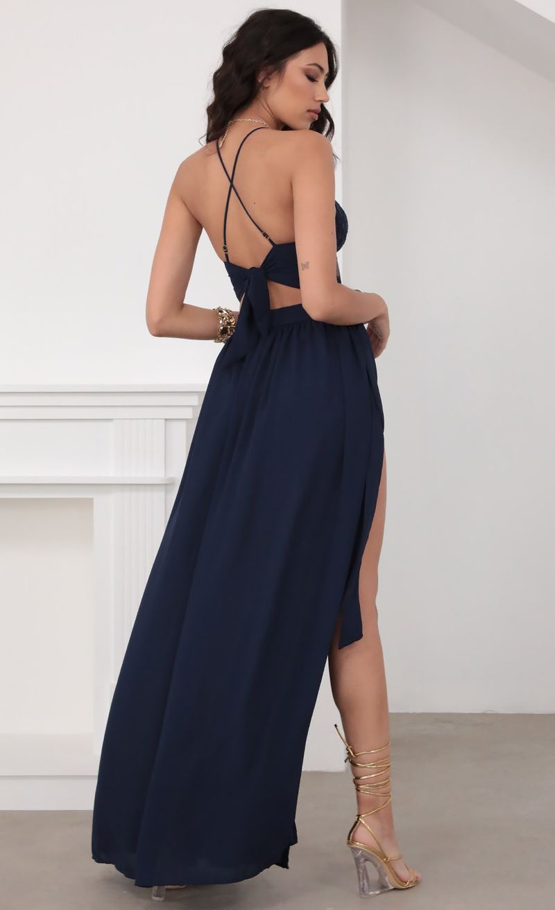Tahiti Lace Chiffon Maxi Set in Navy | Lucy in the Sky