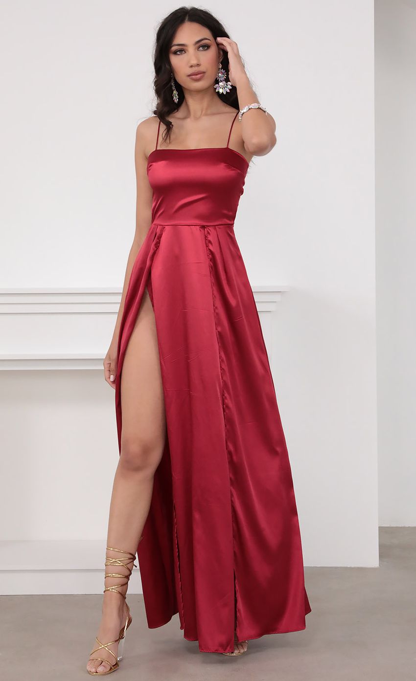 Picture Gala Satin Maxi Dress in Red. Source: https://media.lucyinthesky.com/data/Mar20_2/850xAUTO/781A5012.JPG