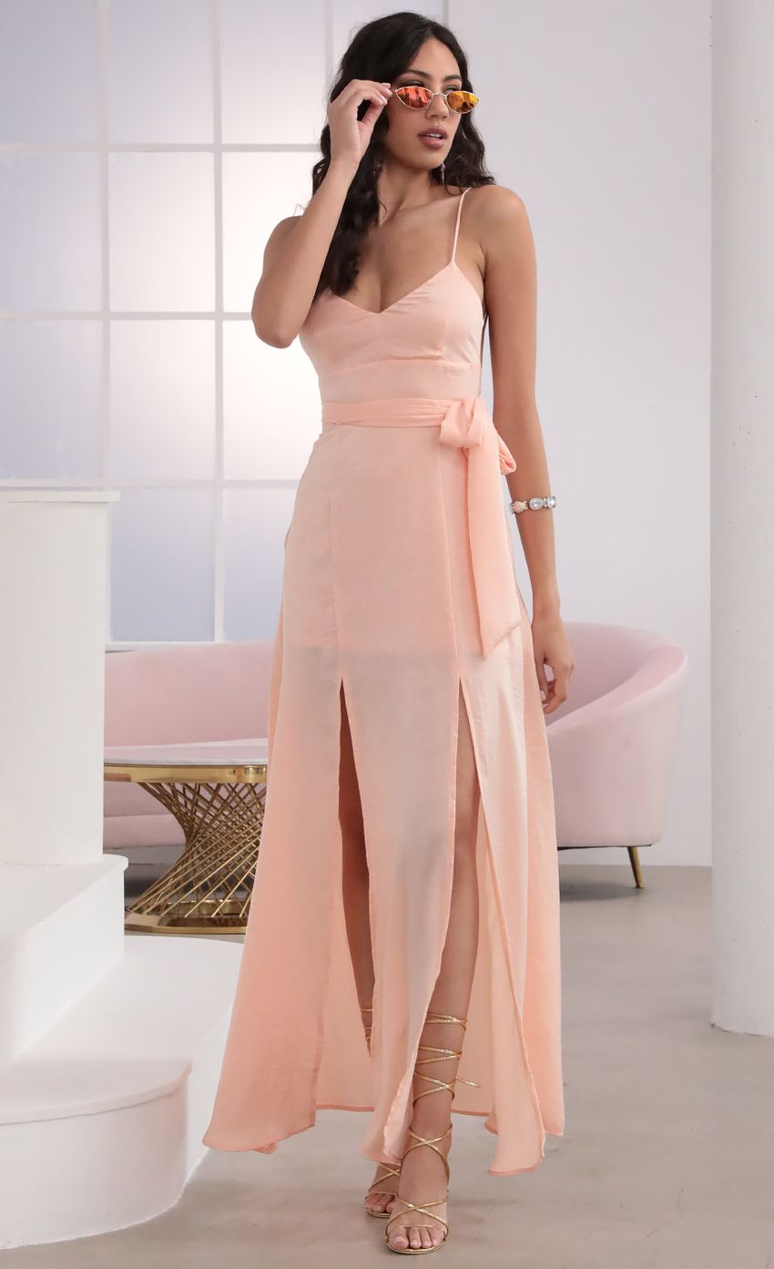 Picture Milan Satin Tie Maxi in Peach. Source: https://media.lucyinthesky.com/data/Mar20_2/850xAUTO/781A5147.JPG