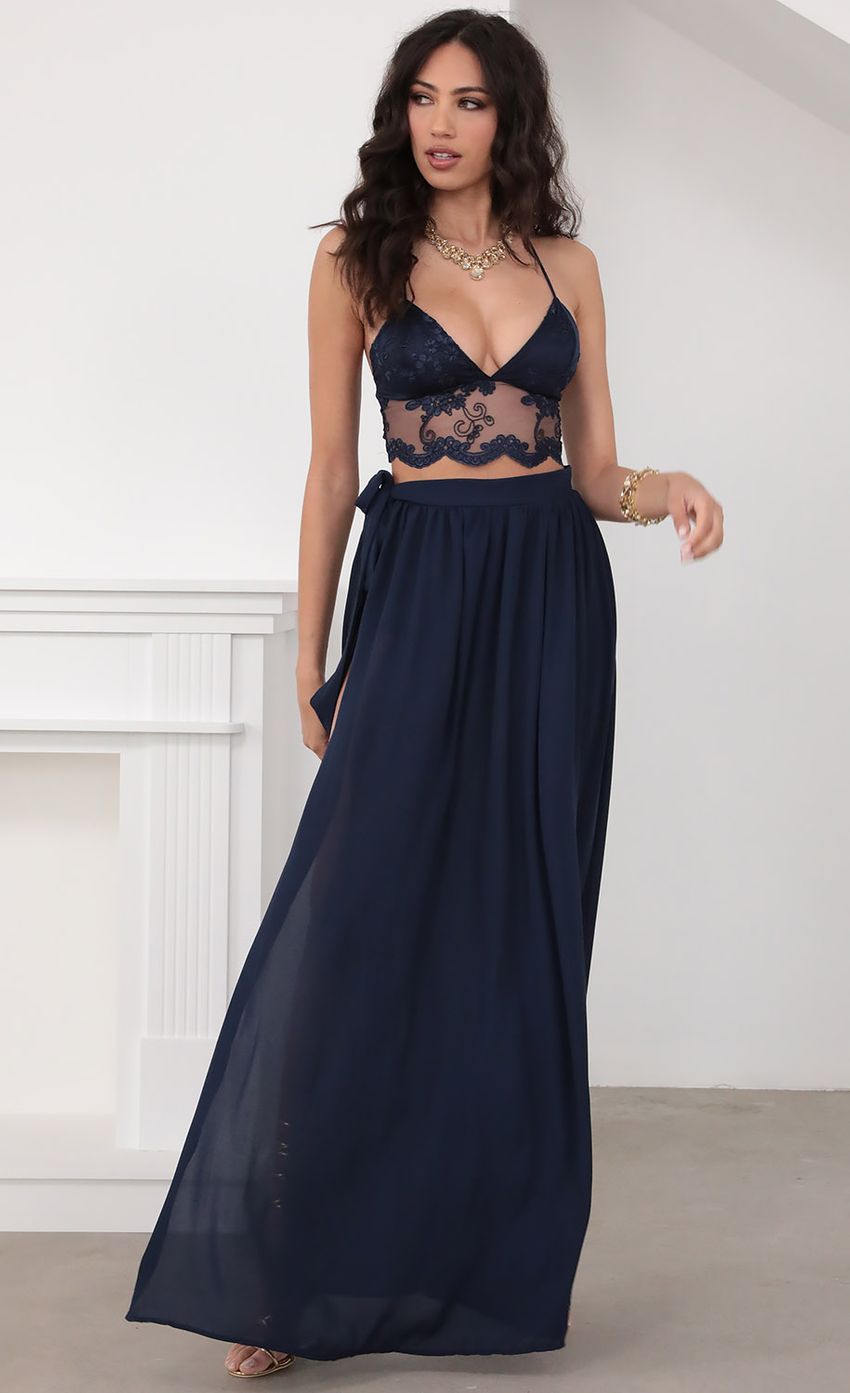 Picture Tahiti Lace Chiffon Maxi Set in Navy. Source: https://media.lucyinthesky.com/data/Mar20_2/850xAUTO/781A5838.JPG