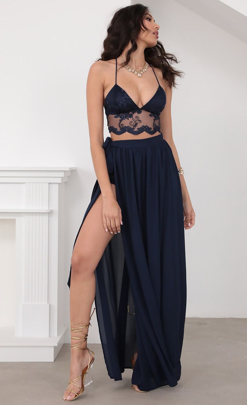 Picture Tahiti Lace Chiffon Maxi Set in Navy. Source: https://media.lucyinthesky.com/data/Mar20_2/850xAUTO/781A5863.JPG