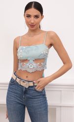 Picture Roma Top in Aqua and Off White Lace. Source: https://media.lucyinthesky.com/data/Mar21_1/150xAUTO/1V9A4451.JPG
