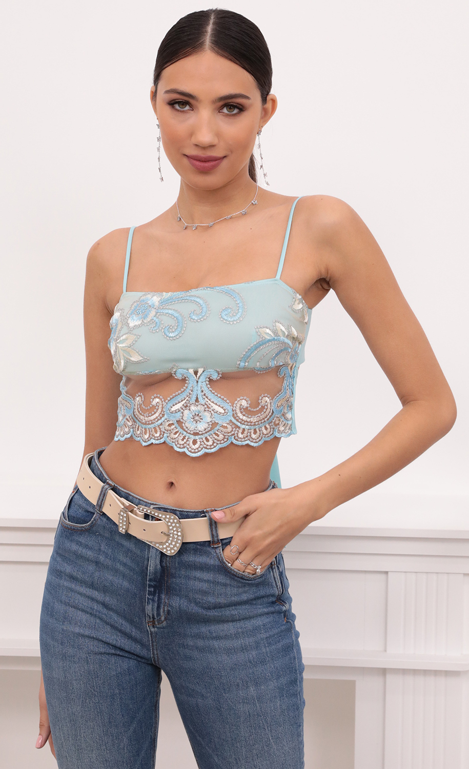 Roma Top in Aqua and Off White Lace