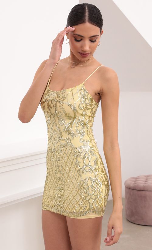 Picture Gold Sequin Bodycon Dress in Yellow. Source: https://media.lucyinthesky.com/data/Mar21_1/500xAUTO/1V9A7192.JPG