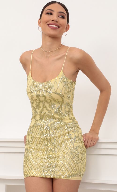 Picture Gold Sequin Bodycon Dress in Yellow. Source: https://media.lucyinthesky.com/data/Mar21_1/500xAUTO/AT2A4849.JPG