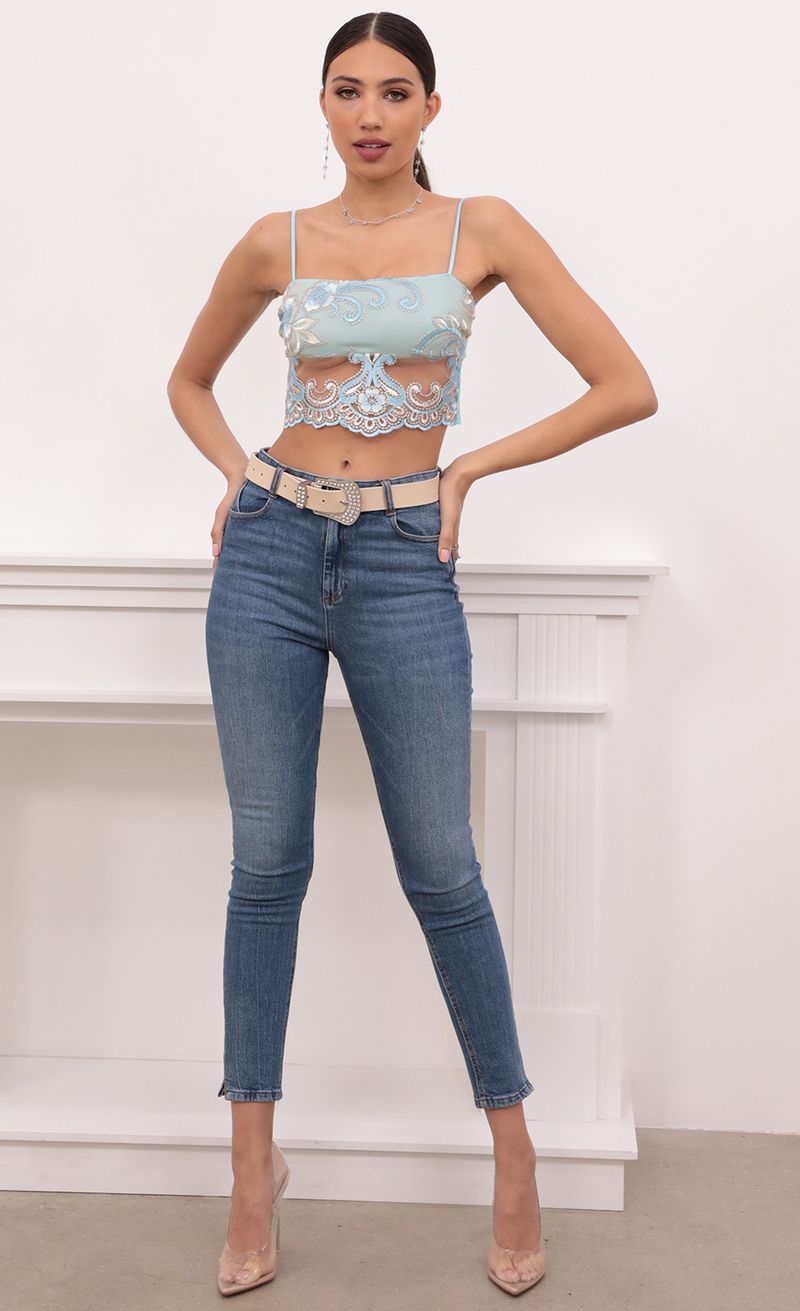 Picture Roma Top in Aqua and Off White Lace. Source: https://media.lucyinthesky.com/data/Mar21_1/800xAUTO/1V9A4431.JPG