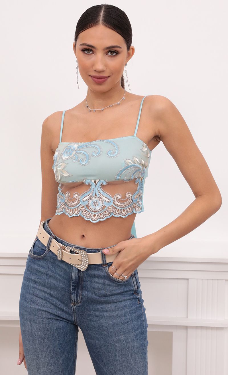 Picture Roma Top in Aqua and Off White Lace. Source: https://media.lucyinthesky.com/data/Mar21_1/800xAUTO/1V9A4451.JPG