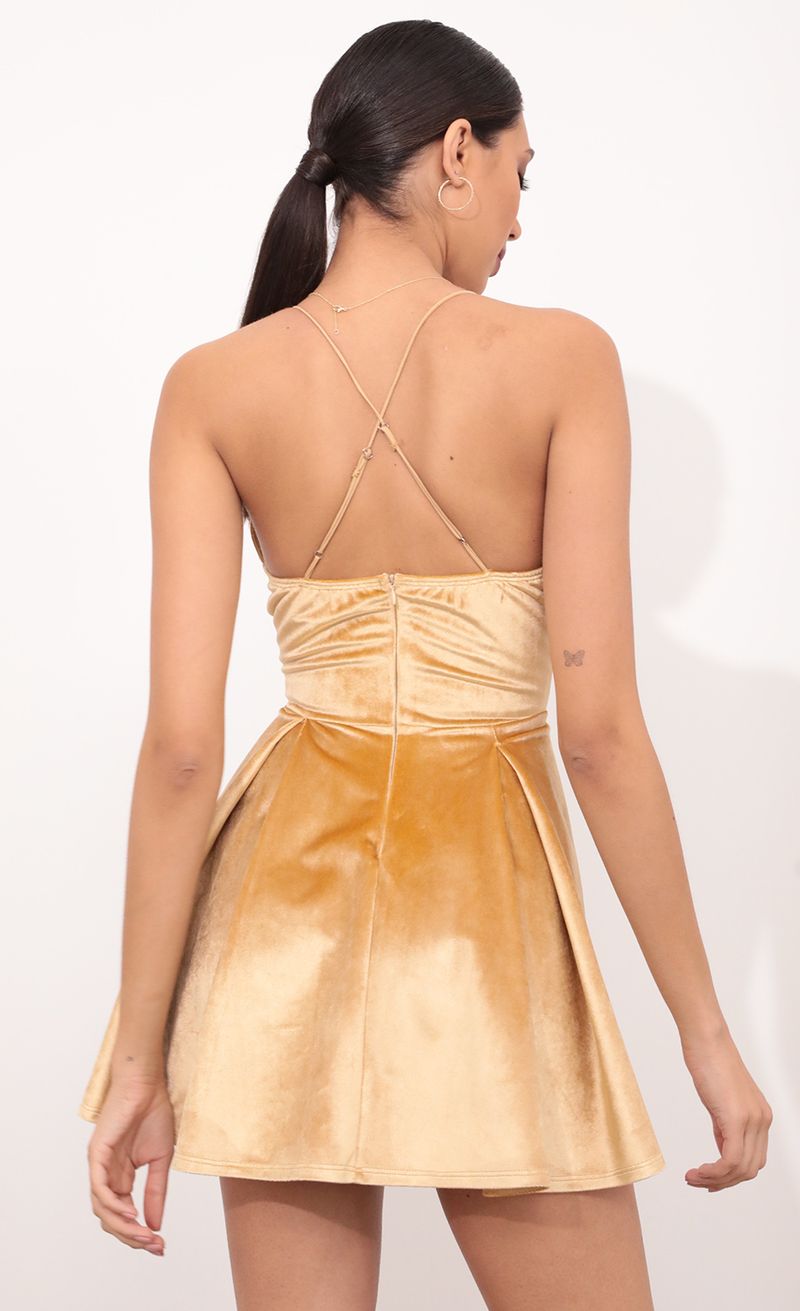 Picture Love Pleated A-line Velvet Dress In Mustard. Source: https://media.lucyinthesky.com/data/Mar21_1/800xAUTO/1V9A7555.JPG
