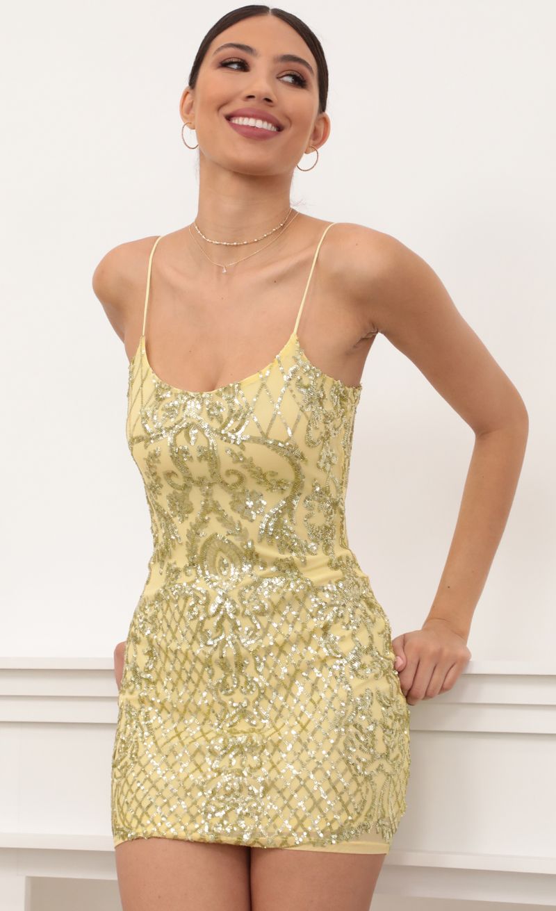 Picture Gold Sequin Bodycon Dress in Yellow. Source: https://media.lucyinthesky.com/data/Mar21_1/800xAUTO/AT2A4849.JPG