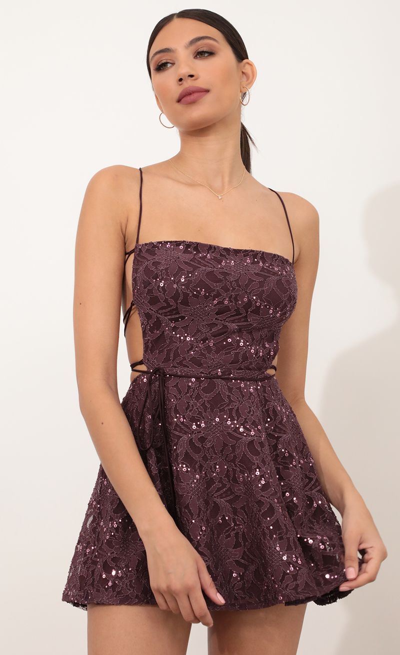 Picture Nina Cutout A-line Dress in Aubergine Lace. Source: https://media.lucyinthesky.com/data/Mar21_1/800xAUTO/AT2A5892.JPG