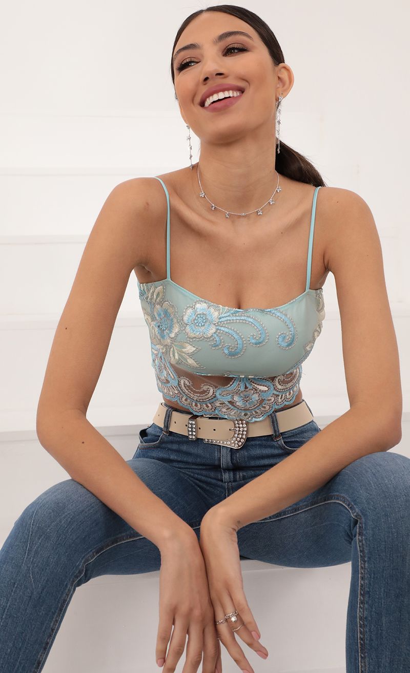 Picture Roma Top in Aqua and Off White Lace. Source: https://media.lucyinthesky.com/data/Mar21_1/800xAUTO/AT2A9569.JPG