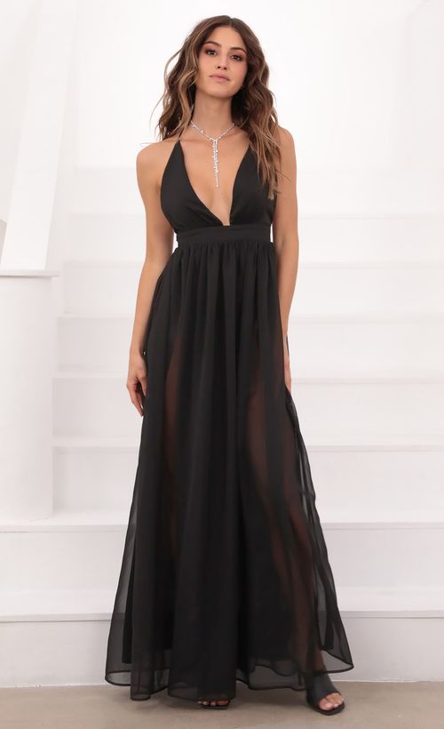 Picture Lyra Black Chiffon Slit Maxi Dress. Source: https://media.lucyinthesky.com/data/Mar21_2/500xAUTO/1V9A1953.JPG