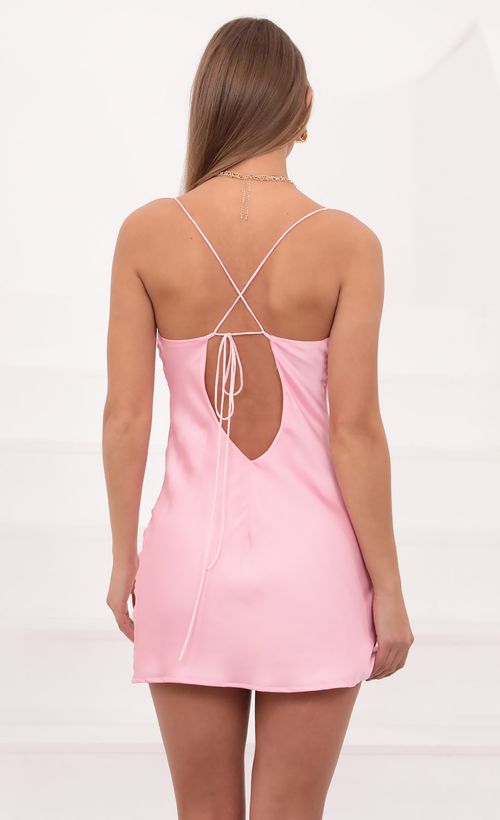 Picture Willow Satin Slit Cowl Dress in Pink. Source: https://media.lucyinthesky.com/data/Mar21_2/500xAUTO/1V9A2108.JPG