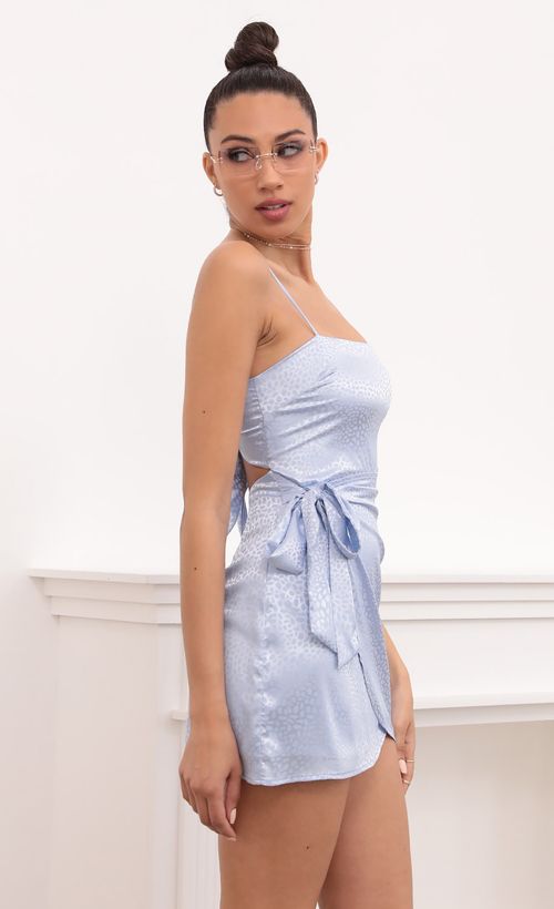 Picture Double Tie Satin Wrap Dress In Light Blue Leopard Jacquard Print. Source: https://media.lucyinthesky.com/data/Mar21_2/500xAUTO/1V9A3453.JPG