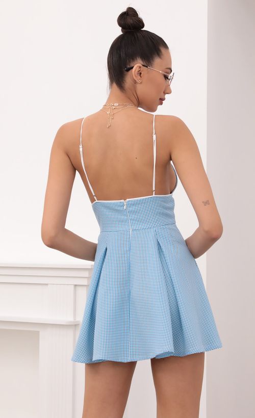 Picture Babette Pleated Dress in Gingham Blue. Source: https://media.lucyinthesky.com/data/Mar21_2/500xAUTO/1V9A4110.JPG