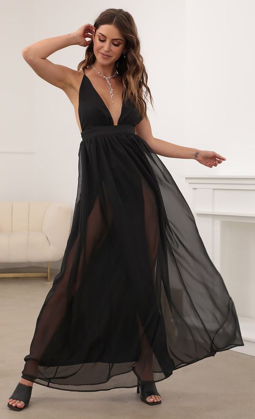Picture Lyra Black Chiffon Slit Maxi Dress. Source: https://media.lucyinthesky.com/data/Mar21_2/500xAUTO/AT2A3547.JPG