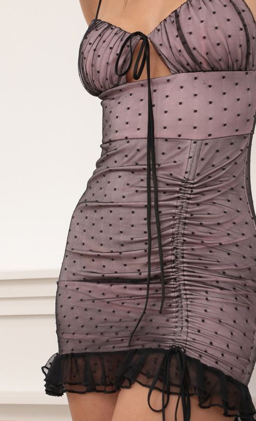 Picture Sophia Ruched Bodycon Dress in Black Mesh. Source: https://media.lucyinthesky.com/data/Mar21_2/500xAUTO/AT2A9159.JPG