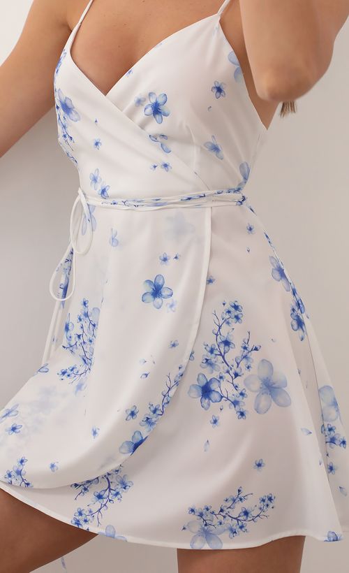 Picture Charlotte A-Line satin Dress in Floral Blue. Source: https://media.lucyinthesky.com/data/Mar21_2/500xAUTO/AT2A9770.JPG