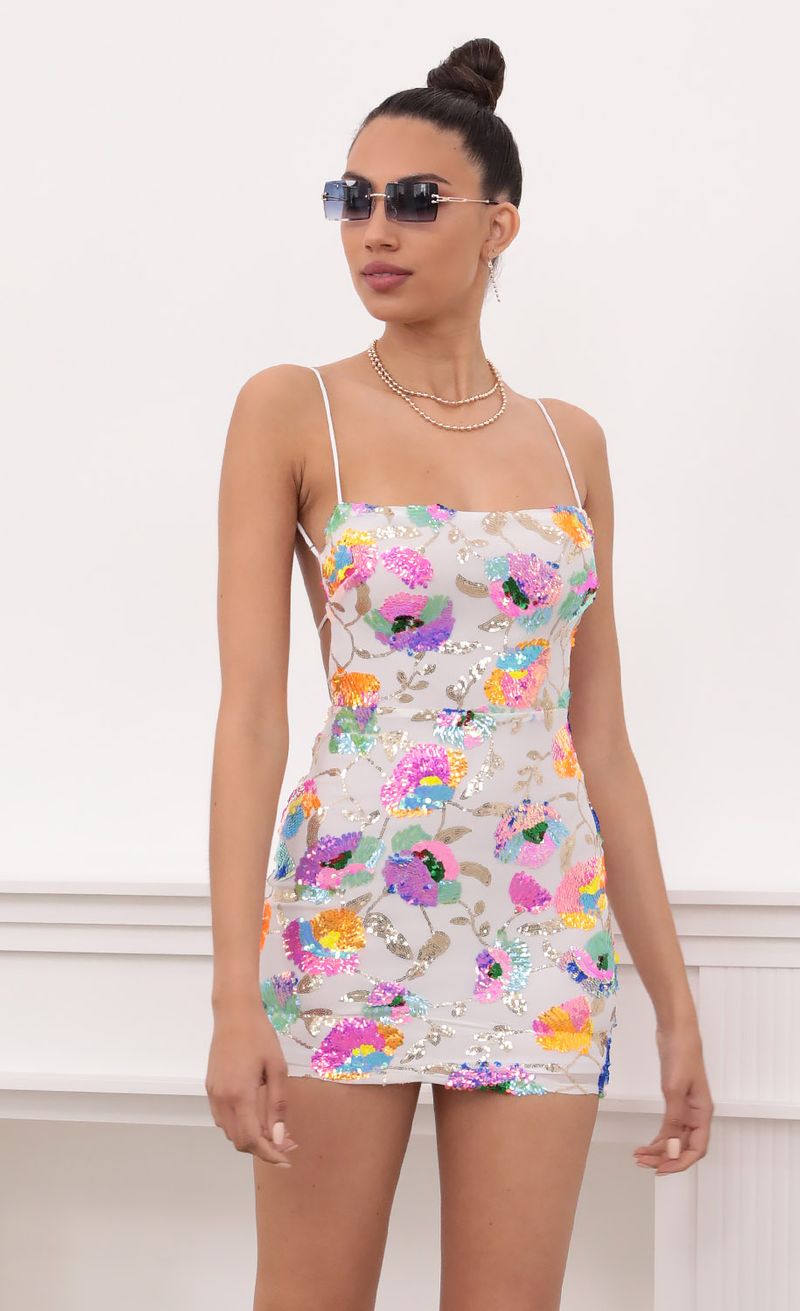 Picture Starstruck Strappy Multicolor Sequin Dress in White. Source: https://media.lucyinthesky.com/data/Mar21_2/800xAUTO/1V9A0921.JPG