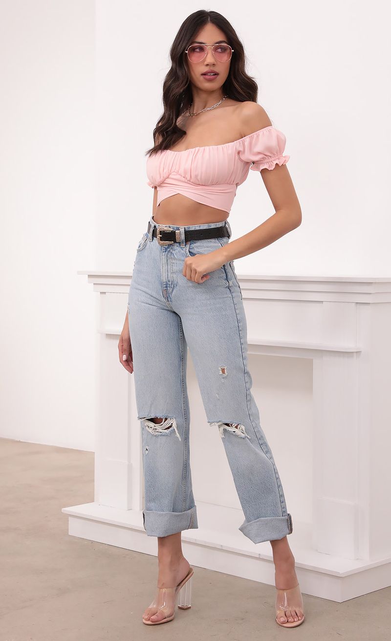Picture Mariana Pink Ruched Wrap Top. Source: https://media.lucyinthesky.com/data/Mar21_2/800xAUTO/1V9A4164.JPG