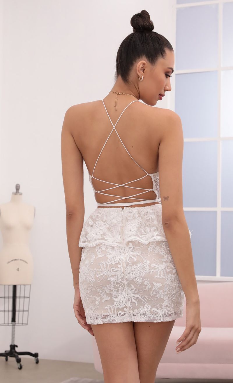 Picture Victoria Lace Peplum Dress in White. Source: https://media.lucyinthesky.com/data/Mar21_2/800xAUTO/1V9A5348.JPG