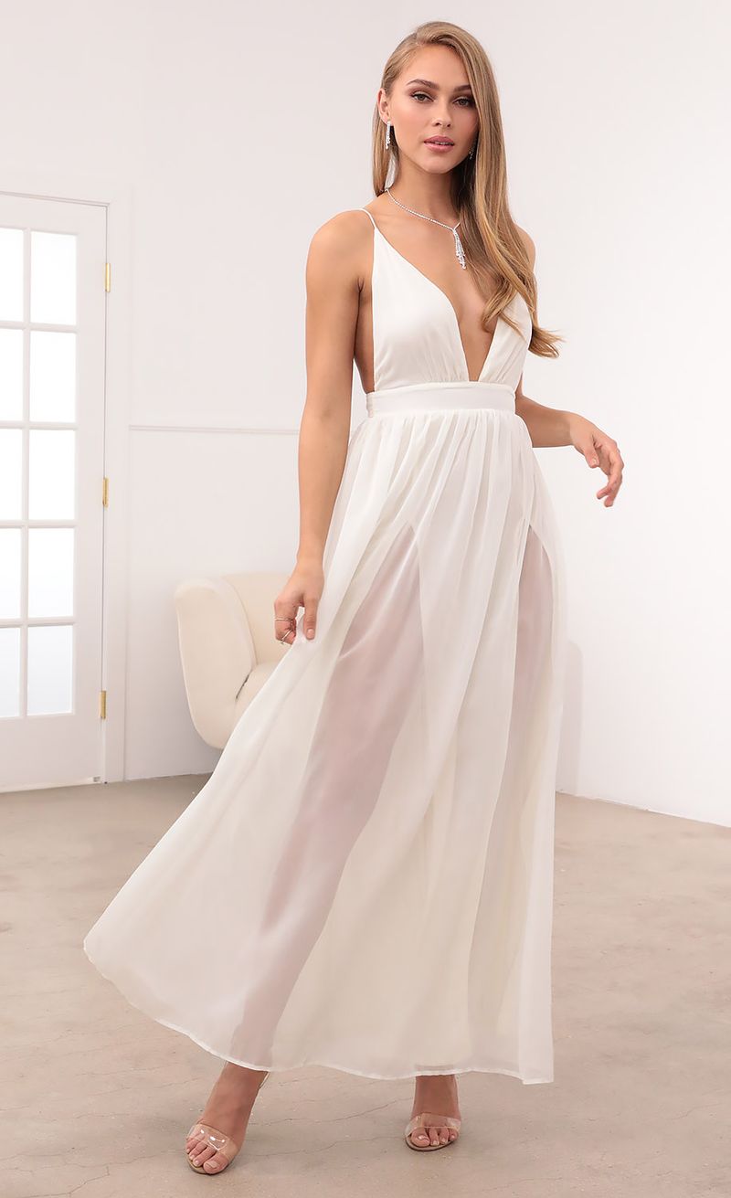 Picture Lyra Ivory Chiffon Slit Maxi Dress. Source: https://media.lucyinthesky.com/data/Mar21_2/800xAUTO/1V9A6372.JPG