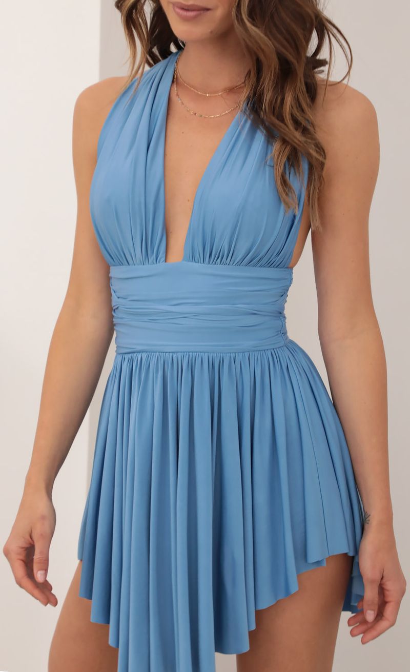 Picture Elisha Ruched Halter Dress in Blue. Source: https://media.lucyinthesky.com/data/Mar21_2/800xAUTO/AT2A7086.JPG